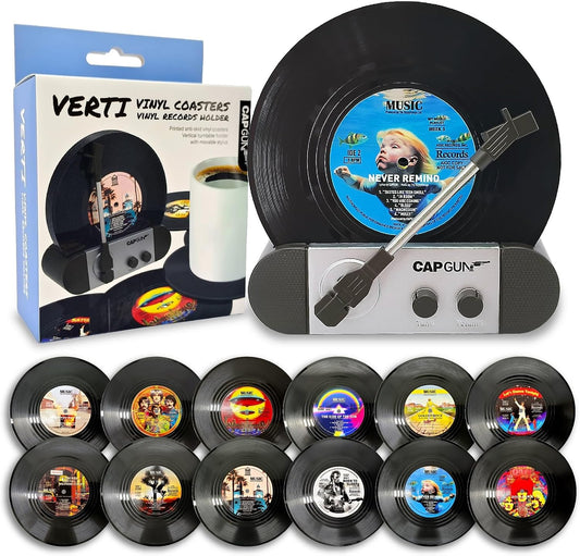 Funny Retro Vinyl Record Coasters, Creative Drink Coasters Set of 12 with Vinyl Record Player Holder for Music Lovers, Housewarming Hostess Gifts, Birthday and White Elephant Gifts Ideas