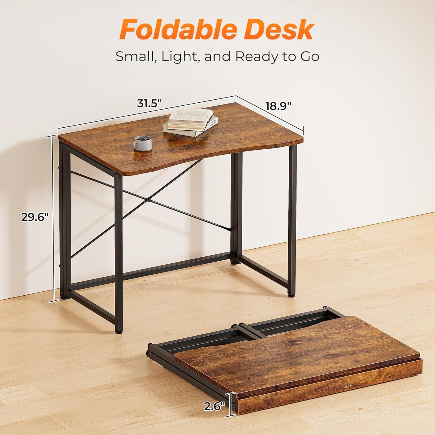 Folding Desk for Small Spaces, 31.5 Inch Foldable Computer Table, for Home Office, Study, Bedroom, Dorm, Space Saving, Small Writing Work Office Computer Desk, Easy to Fold, Rustic Brown