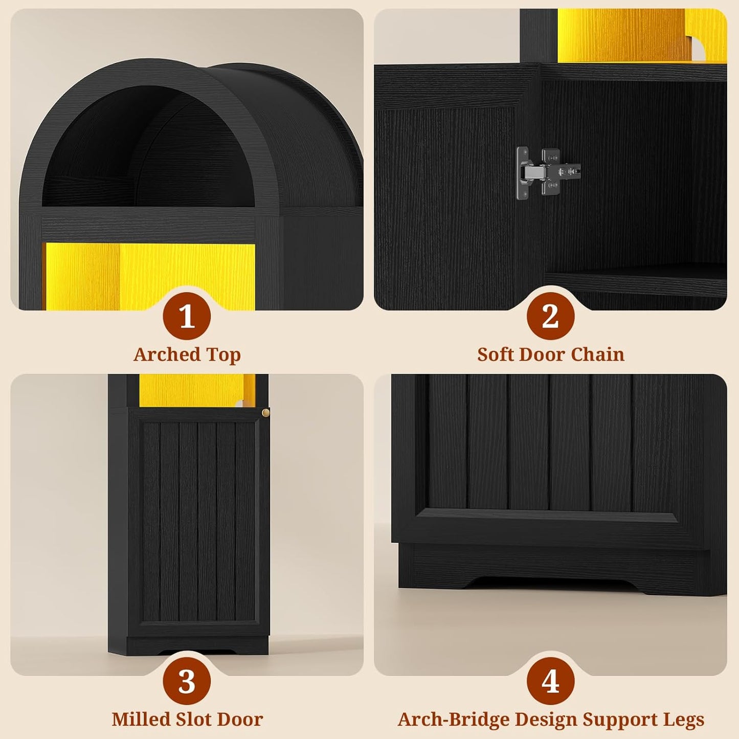 72" Tall Arched Narrow Bathroom Storage Cabinet with Lights, Slim Storage Cabinet with Adjustable Shelves for Small Spaces, Farmhouse Style (Black)