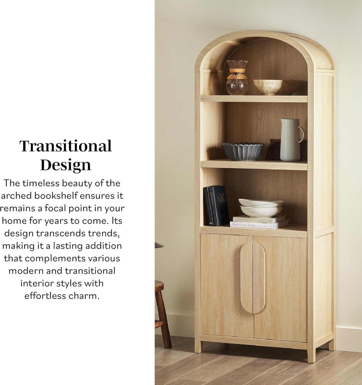 Chantelle Modern Arched Bookcase with Statement Wood Cabinet Pulls - Coastal Oak