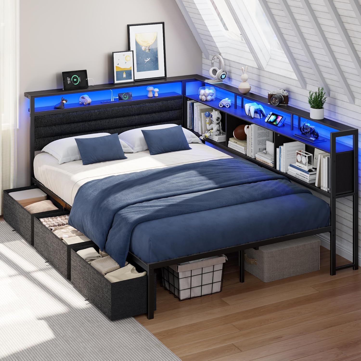 Full Size Bed Frame with Headboard and Storage Drawers, Full Metal Platform Corner Bed Frame with Charging Station and LED Lights, Heavy Duty Strong Support Slats and Easy to Assemble, Black