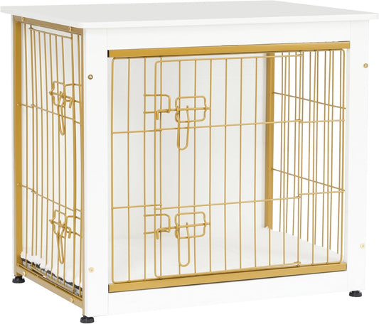Dog Crate Furniture with Cushion, Wooden Kennel Table with Double Doors, Indoor Dog House, Small/Medium/Large Size, 27.2" L, White