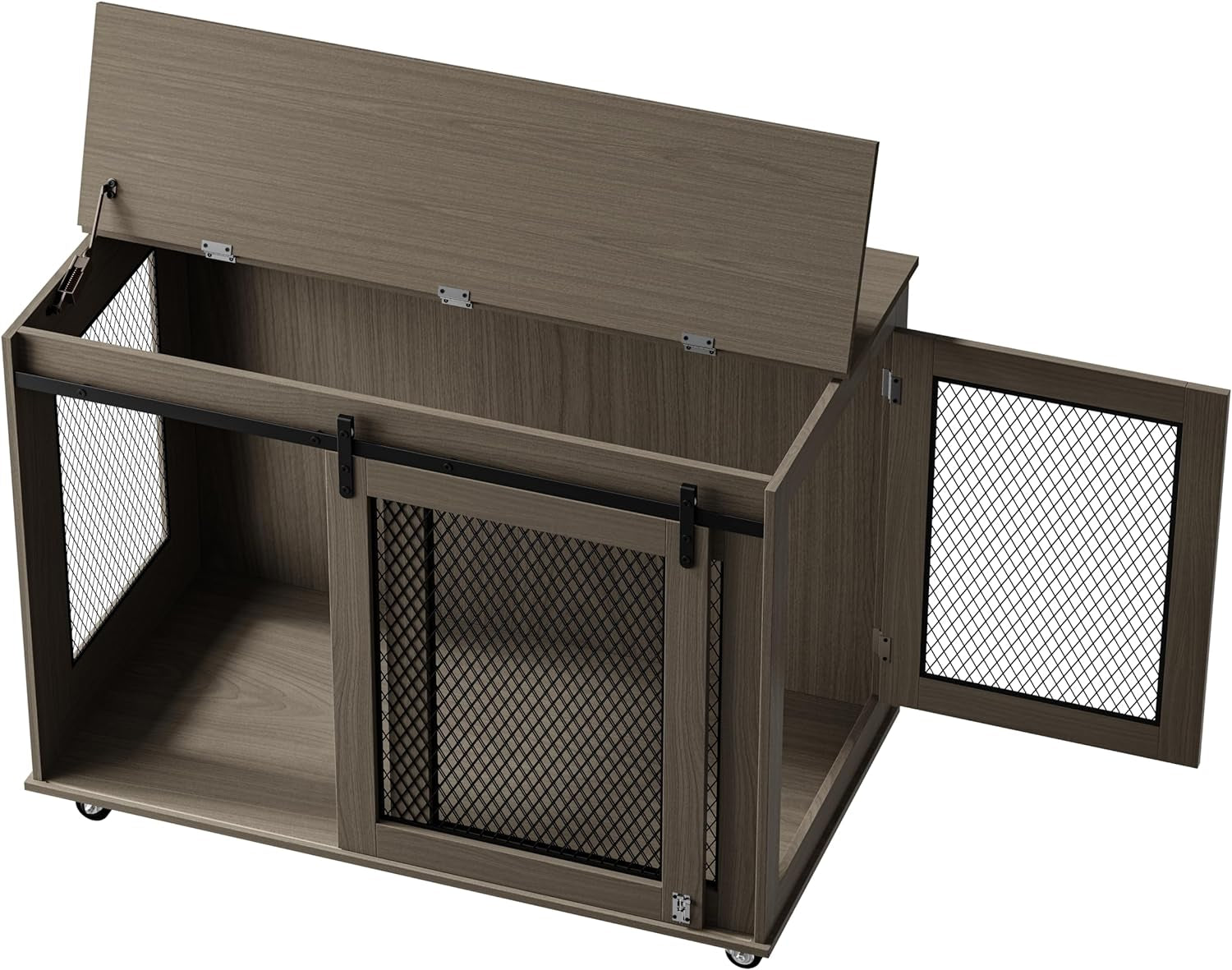 40 Inch Dog Crate Furniture, Wooden Heavy Duty Dog Kennel Indoor, Decorative Dog Cage Table for Large Medium Dogs, with Sliding Doors, Wheels and Flip-Top Plate