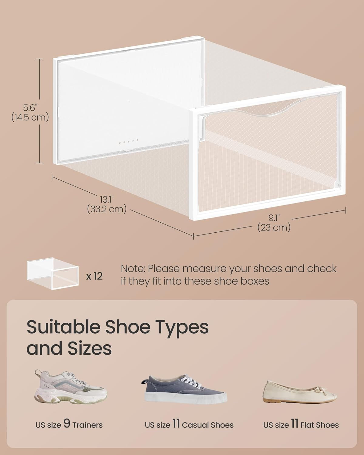Shoe Boxes, Shoe Storage Organizers Rack for Closet, Plastic Stackable Sneaker Containers Case, 12 Pack, Transparent and Cloud White ULSP312W01