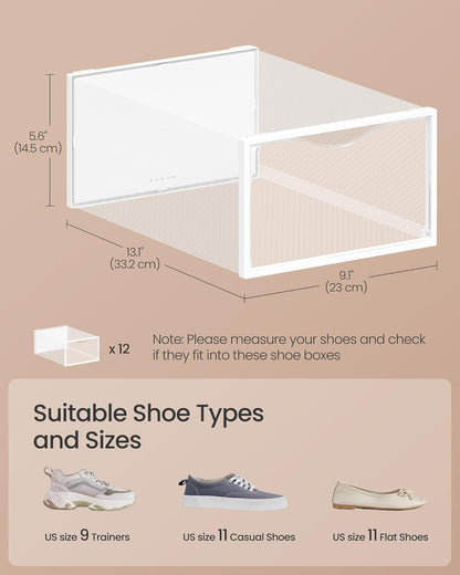 Shoe Boxes, Shoe Storage Organizers Rack for Closet, Plastic Stackable Sneaker Containers Case, 12 Pack, Transparent and Cloud White ULSP312W01