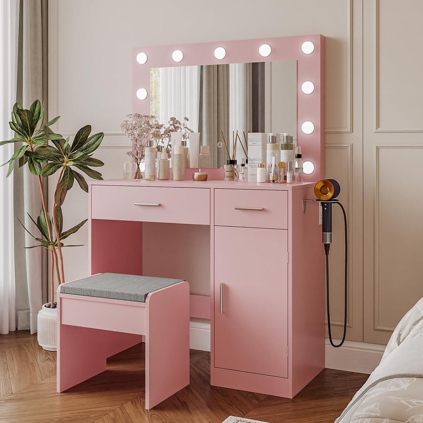 Vanity, Vanity Desk with Mirror, Large Drawer and Power Socket with 11 Light Bulbs and 3 Adjustable Lighting Modes, Vanity Table Ideal for Bedroom (Pink)