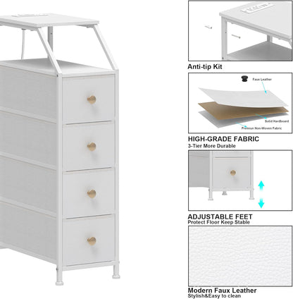 Narrow Dresser Tall Skinny Storage Tower Vertical Slim Chest of Drawers with Charging Station Small Nightstand Side Table for Bedroom, Bathroom, Small Spaces (White, 4 Drawers)