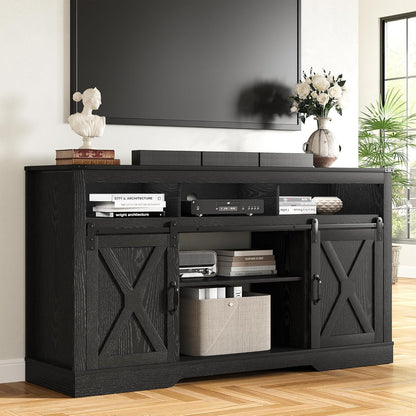 Farmhouse TV Stand for 65+ Inch TV, Tall Entertainment Center with Storage Cabinets and Sliding Barn Doors, Mid Century Modern Media TV Console Table for Living Room (Black)