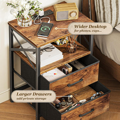 Nightstands Set of 2, Night Stand with Charger Station, 2 Drawer Side Table with Open Shelf, USB-C Port, End Table for Small Spaces, X Shaped Side Rail, Rustic Brown