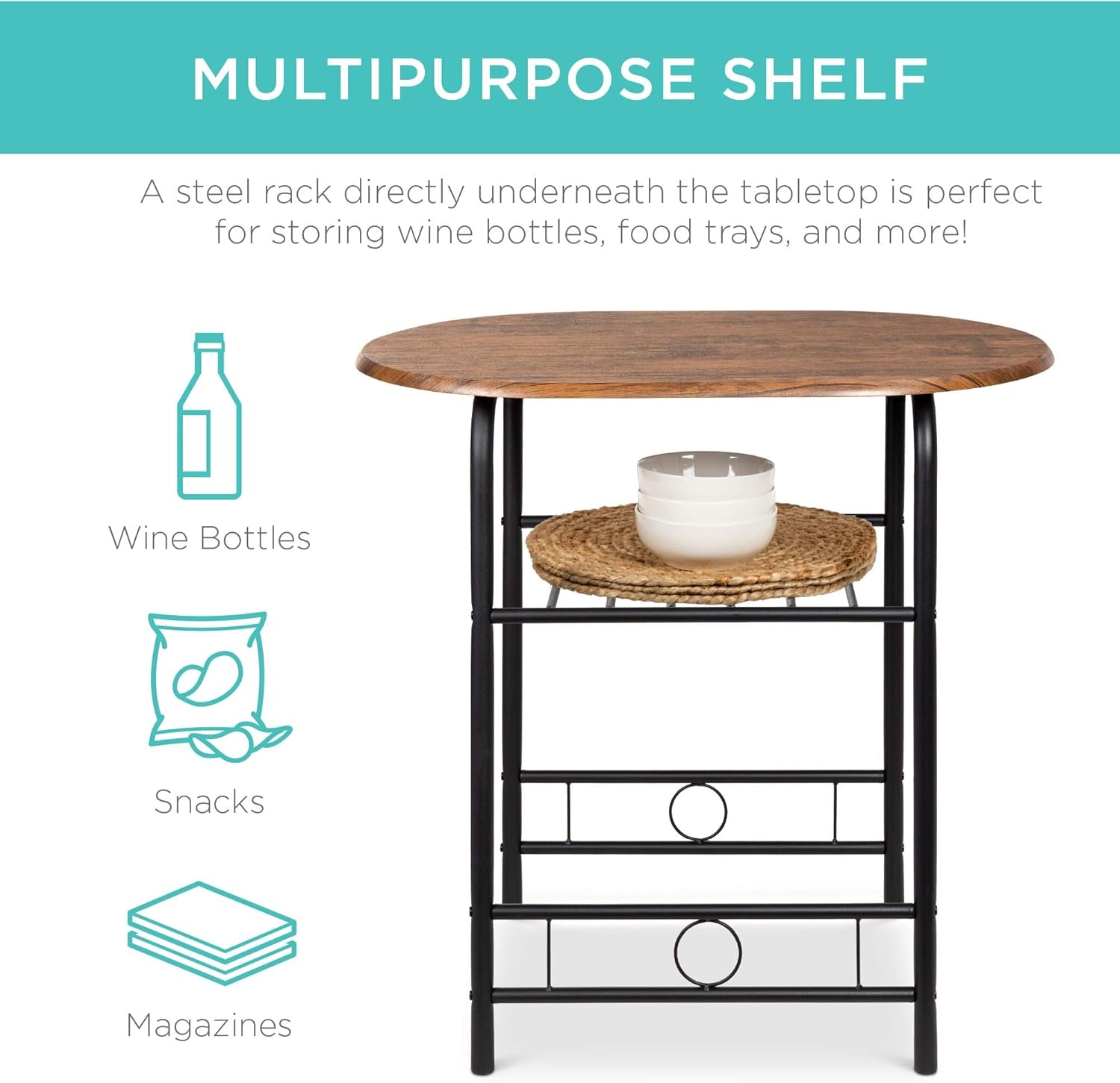 3-Piece Wooden round Table & Chair Set for Kitchen, Dining Room, Compact Space W/Steel Frame, Built-In Wine Rack - Black/Brown