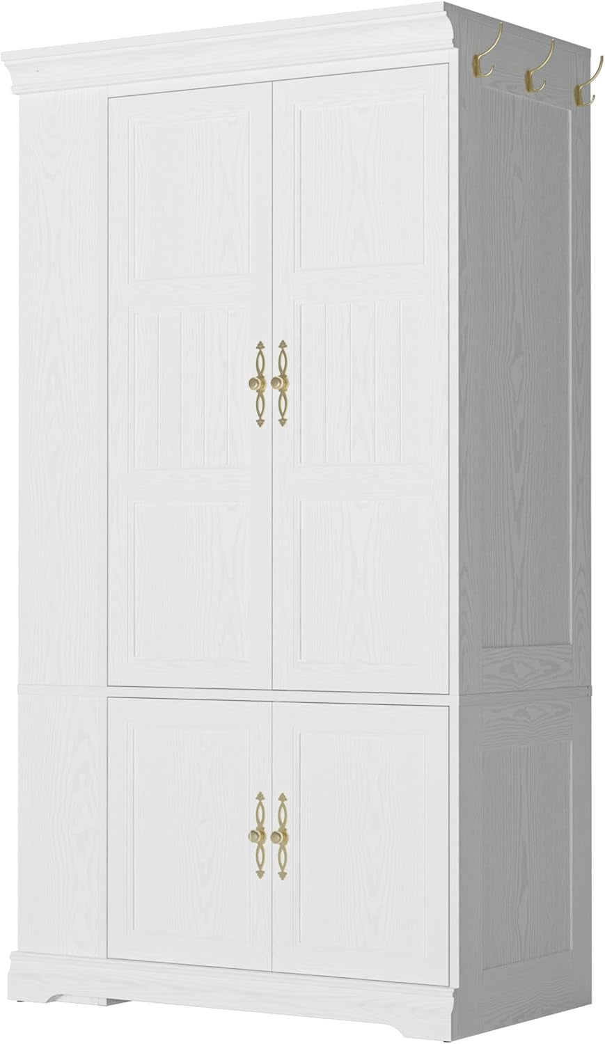 Armoire Wardrobe Closet with Mirror, 70” Wooden Wardrobe Cabinet with 4 Doors, 2 Open Storage Shelves, Freestanding Bedroom Armoire with 3 Hooks & Hanging Rod for Home Room, White