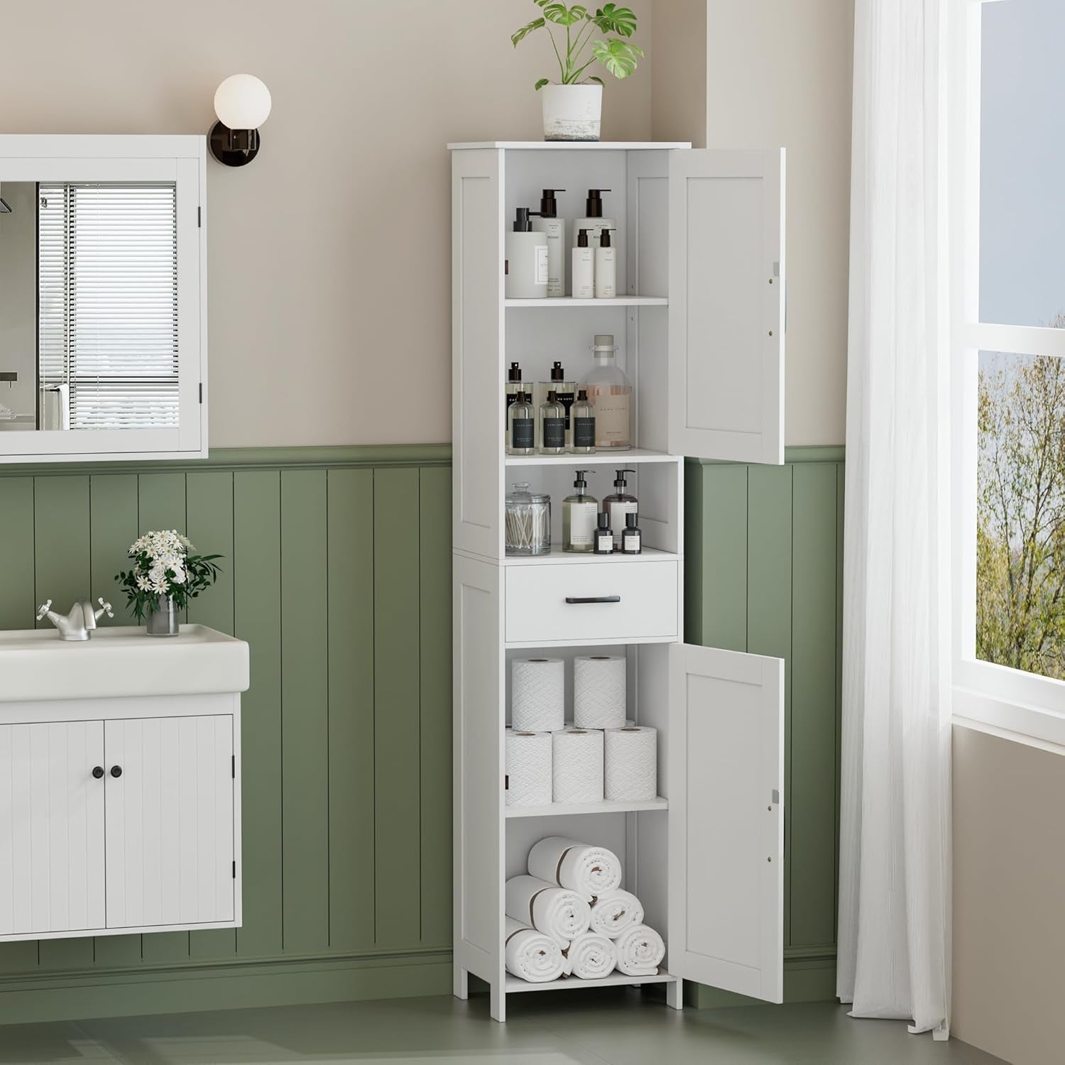 67" H Tall Bathroom Storage Cabinet with 2 Barn Doors and 1 Drawer, Narrow Storage Unit, Adjustable Shelves, Floor Cabinet for Bathroom, Living Room, Entryway, Kitchen, White, (15.7" W)