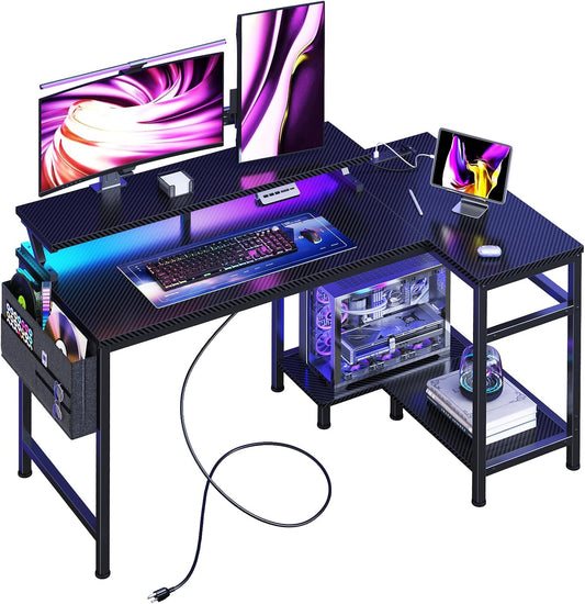 Gaming Desk, Computer Desk with USB Charging Ports, Power Outlets, Type-C and LED Lights, Reversible L Shaped Desk with Storage Shelves & Monitor Stand for Office, Gaming Room Black 40IN