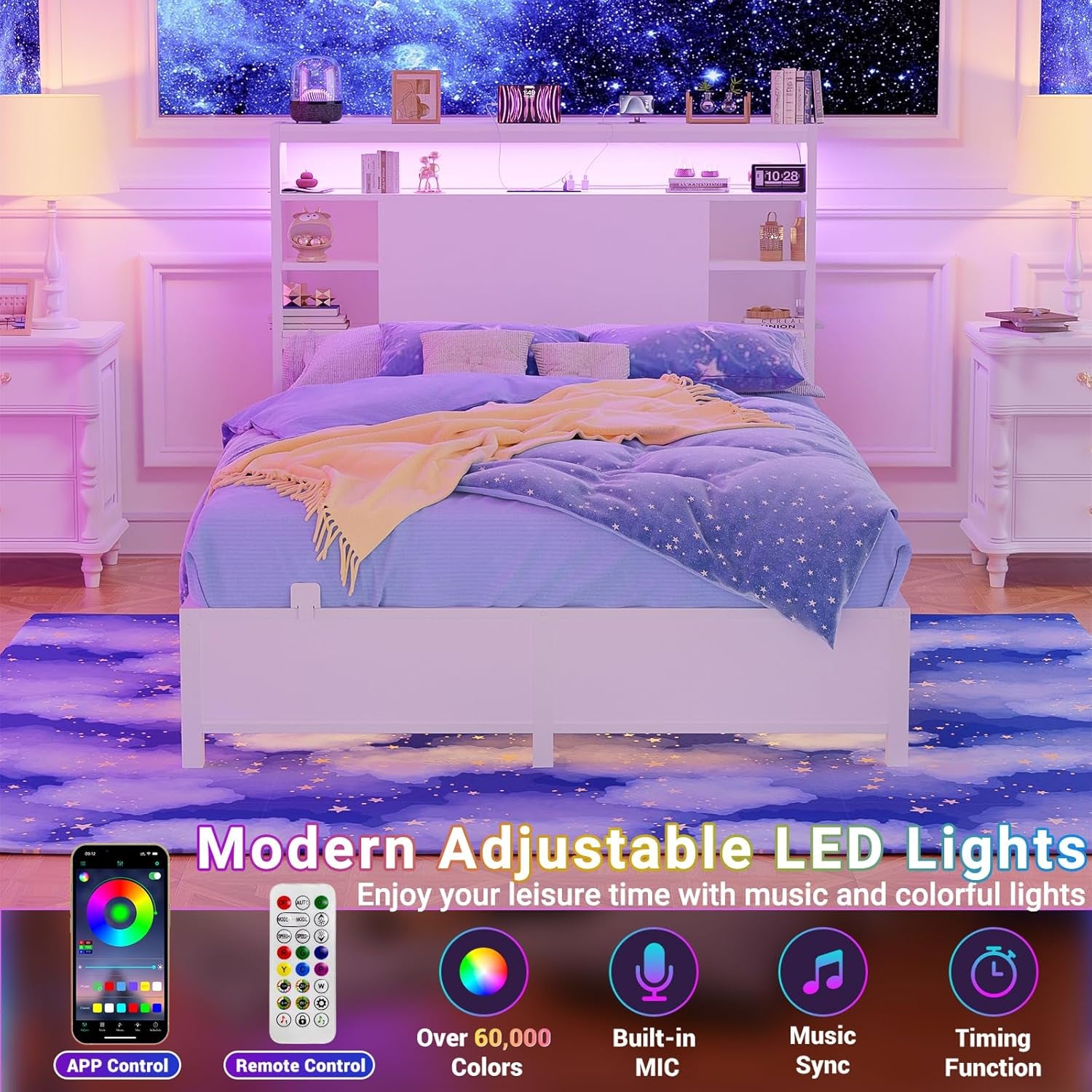 Twin Headboard with Storage, Headboard with Power Outlets and Smart LED Lights, Sturdy Head Board for Twin Size Bed, Stable Headboards Only for Bedroom, Dorm Room, Guest Room, White