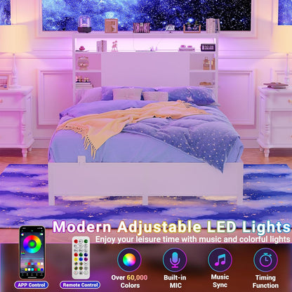 Twin Headboard with Storage, Headboard with Power Outlets and Smart LED Lights, Sturdy Head Board for Twin Size Bed, Stable Headboards Only for Bedroom, Dorm Room, Guest Room, White