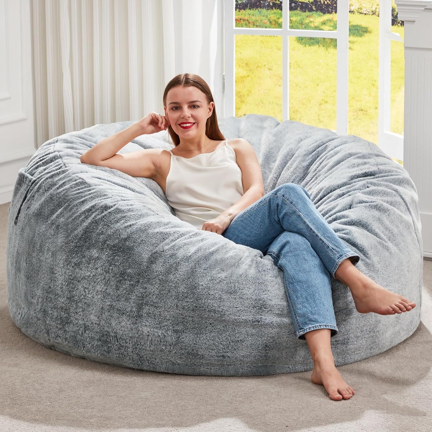 Bean Bag Chairs Giant Beanbag Chair with Filler, Memory Foam Bean Bags with Fluffy & Machine Washable Cover, Bean Bag Chairs for Aduts for Living Room, Bedroom (Grey, 4FT - 44” X 44” X 24”)