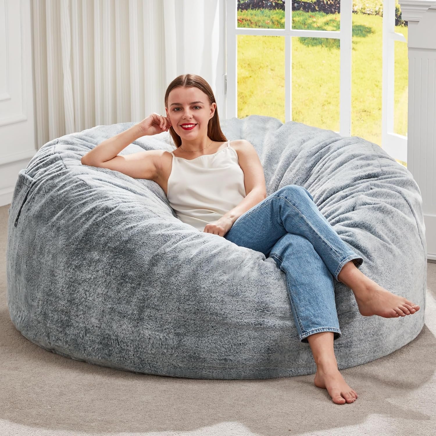 Bean Bag Chairs Giant Beanbag Chair with Filler, Memory Foam Bean Bags with Fluffy & Machine Washable Cover, Bean Bag Chairs for Aduts for Living Room, Bedroom (Grey, 4FT - 44” X 44” X 24”)