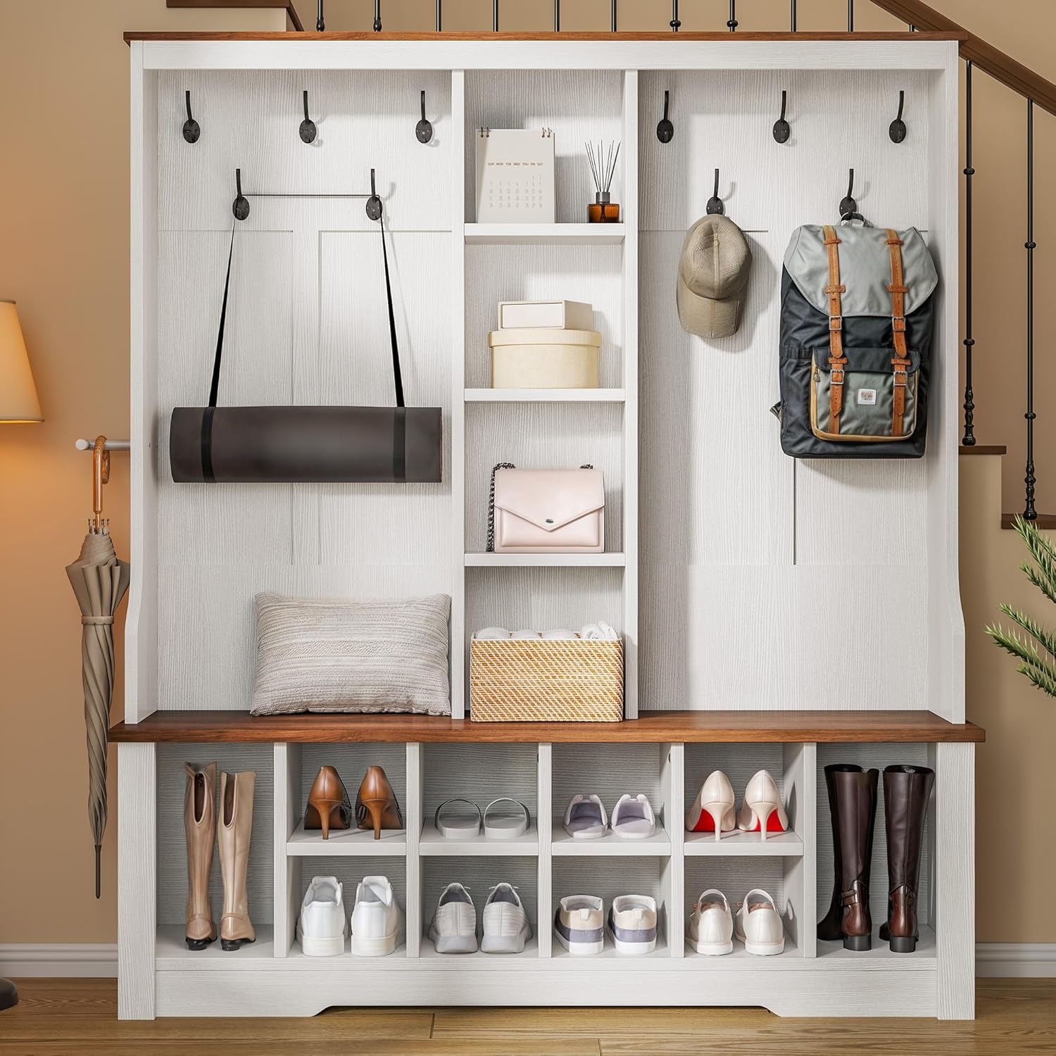 59" Wide Hall Tree with Bench and Storage for Hallway Entryway, 10 Shoe Cubbies & 10 Coat Hooks, 4-Tier of Center Storage Open Cabinets, Coat Rack with Space for Bedroom Living Room (White)