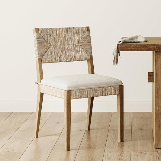 Beacon Boho Dining Chair, Boucle Dining Chair with Seagrass Accent and Solid Wood Legs, Cream Boucle/Light Brown