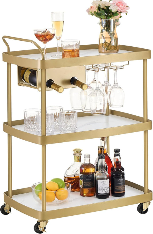 HOME Bar Cart, Home Bar Serving Cart with 3-Tier Shelf, Flexible Wine Bottle Rack and Glass Holder, Drink Beverage Cart, Microwave Cart, Kitchen, Marble White and Pale Gold ULRC291A02