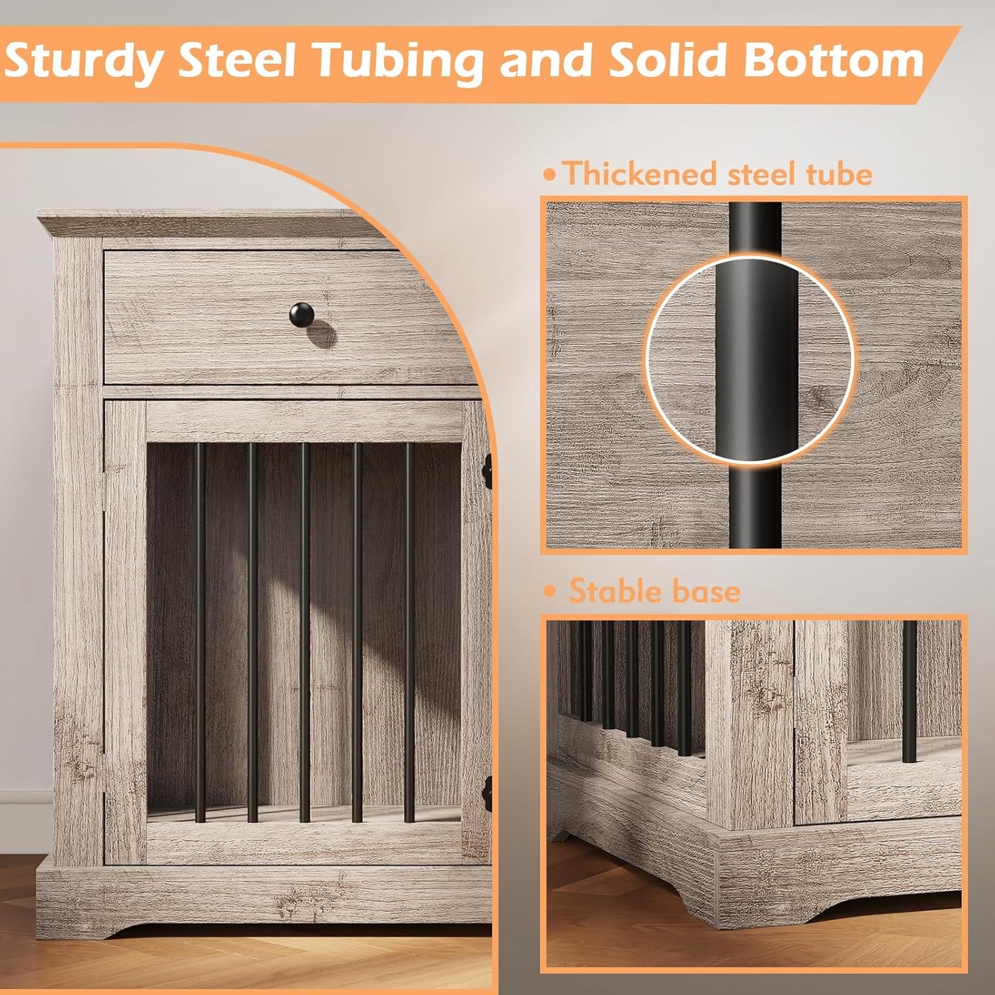 Dog Crate Furniture, Wooden Dog Kennel Furniture Indoor with 2 Storage Drawers, 46 Inch Heavy Duty Large Dog Crate Furnitures, Dogs Cage & Crate Furniture for Small Medium Large Dogs, Grey