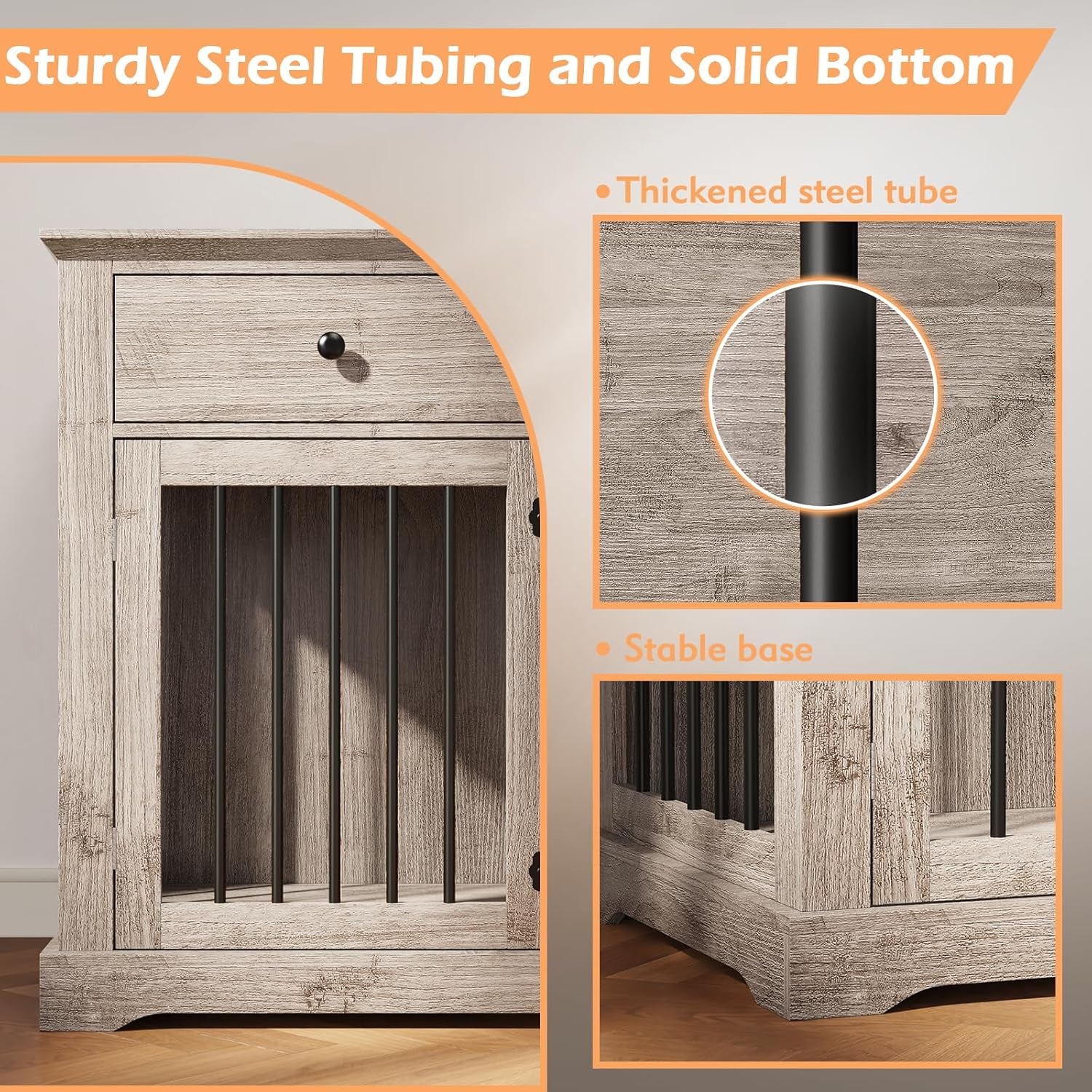 Dog Crate Furniture, Wooden Dog Kennel Furniture Indoor with 2 Storage Drawers, 46 Inch Heavy Duty Large Dog Crate Furnitures, Dogs Cage & Crate Furniture for Small Medium Large Dogs, Grey