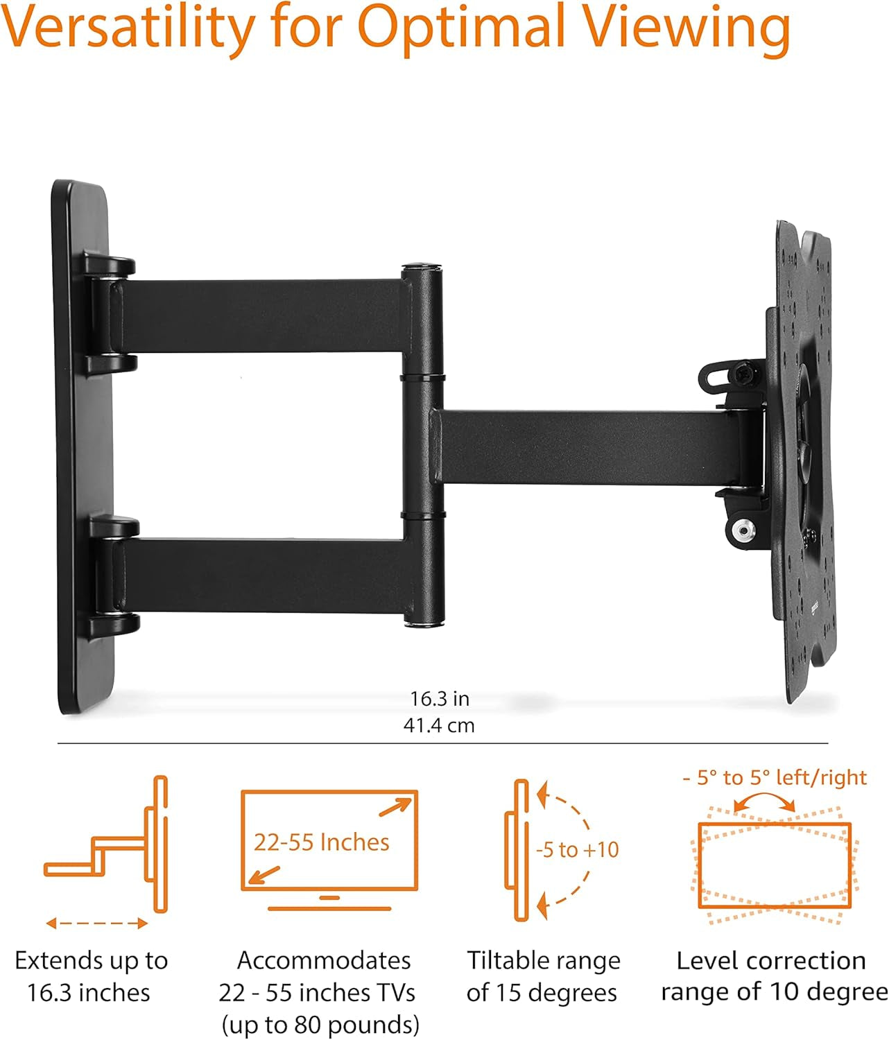 Full Motion Articulating TV Monitor Wall Mount for 26" to 55" Tvs and Flat Panels up to 80 Lbs, Black