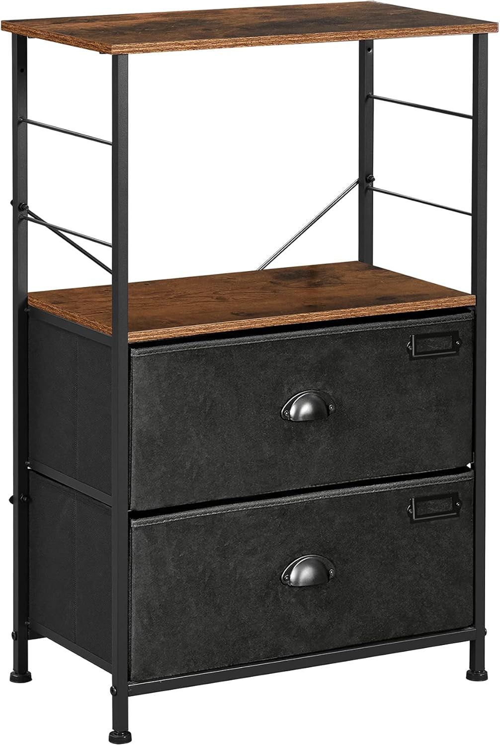 Nightstand, Industrial Bedside Table with 2 Fabric Drawers, Storage Shelves, Vertical Dresser Storage Tower with Wooden Top, Metal Frame, Labels, Rustic Brown and Black ULVT03H