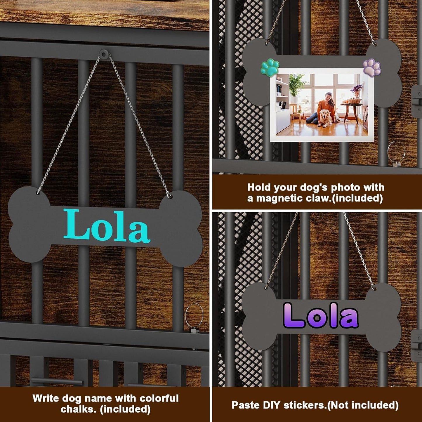 Foldable Large Dog Crate Furniture, 41.3" Assembly-Free Dog Crates for Large Dogs, Wooden Dog Kennel Indoor with Tag & Dog Bowls, Dog Cage Use as TV Stand, Rustic Brown