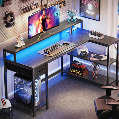 53 Inch Reversible L Shaped Desk with LED Lights & Power Outlets, Computer Desk with Shelves & Monitor Stand, Gaming Desk with Drawer, Home Office Desk Corner Desk, Grey