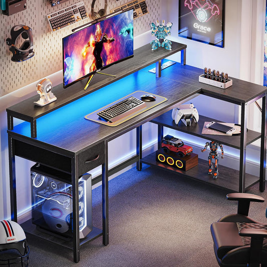 53 Inch Reversible L Shaped Desk with LED Lights & Power Outlets, Computer Desk with Shelves & Monitor Stand, Gaming Desk with Drawer, Home Office Desk Corner Desk, Grey