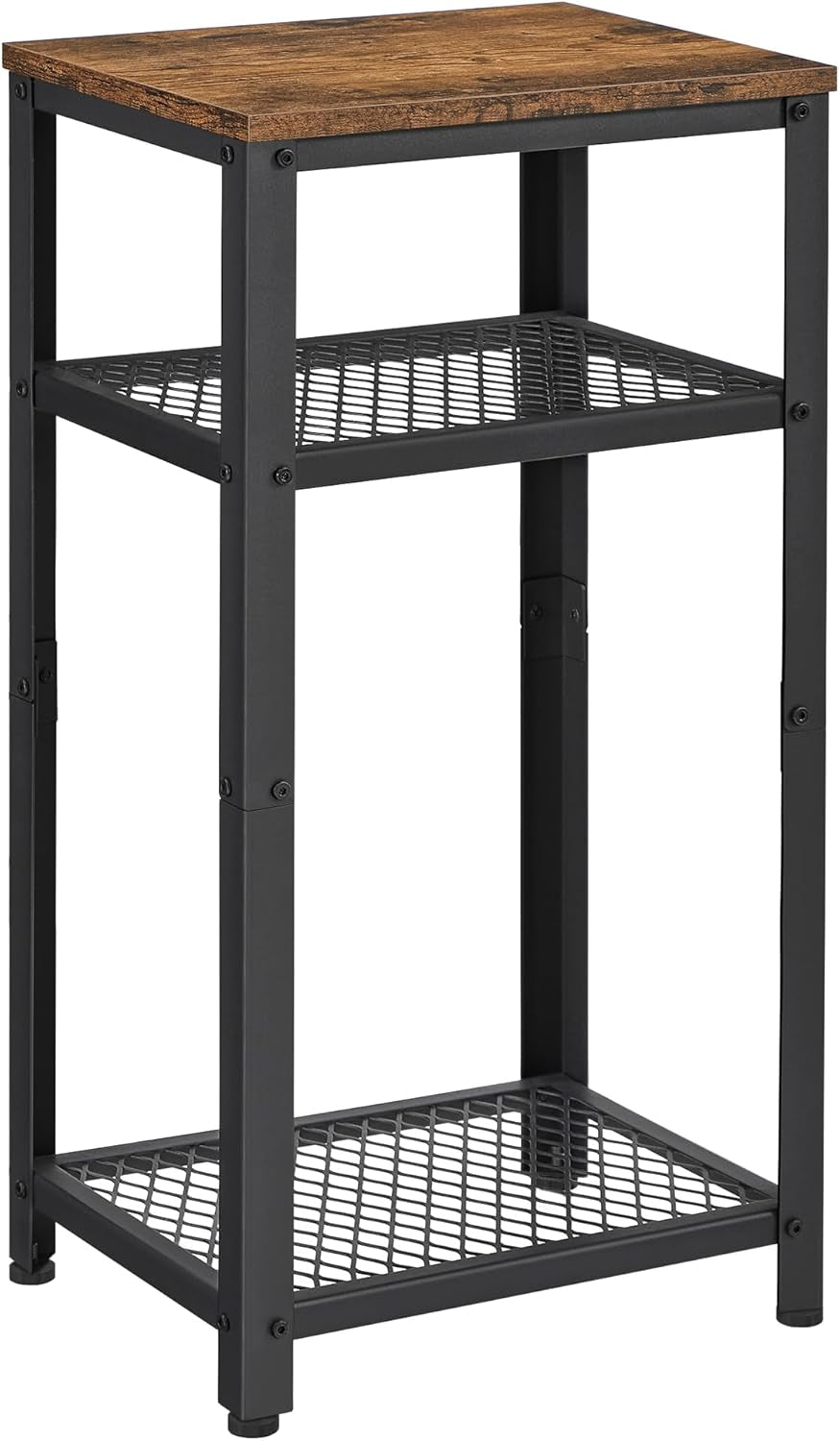 3-Tier Tall Side Table, Small Telephone End Table Stand with 2 Mesh Storage Shelves for Office, Bedroom, Living Room, Kitchen Cart, Rustic Brown and Black