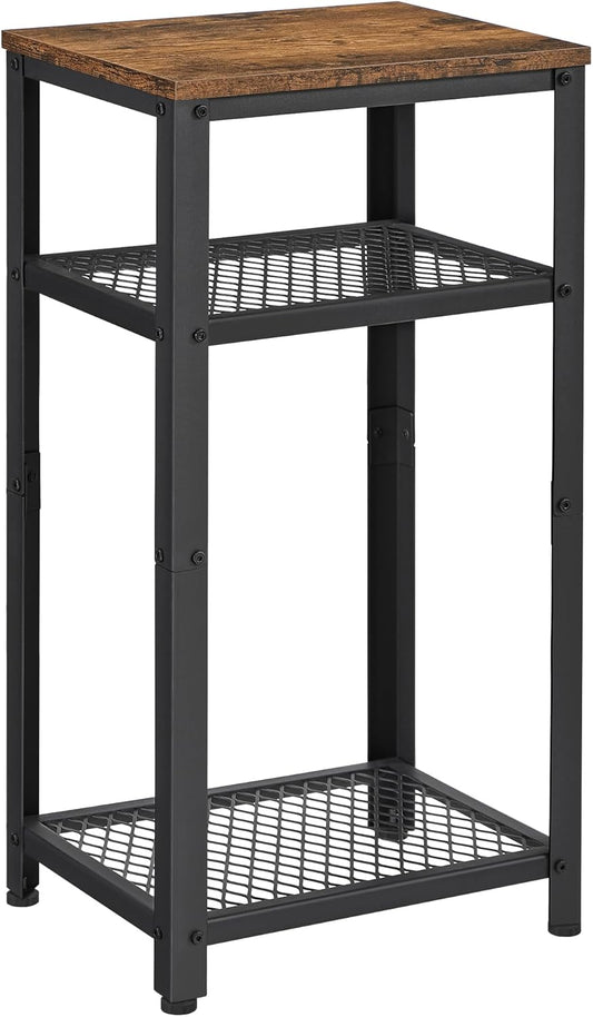 3-Tier Tall Side Table, Small Telephone End Table Stand with 2 Mesh Storage Shelves for Office, Bedroom, Living Room, Kitchen Cart, Rustic Brown and Black