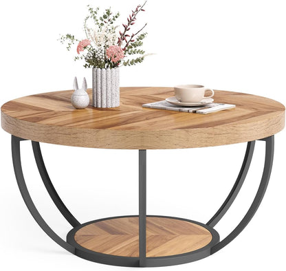 round Coffee Table, 32" Circle Coffee Table for Living Room, 2-Tier Wood Accent Center Table with Open Storage Industrial Design Home Furniture (Wood Grain and Black)