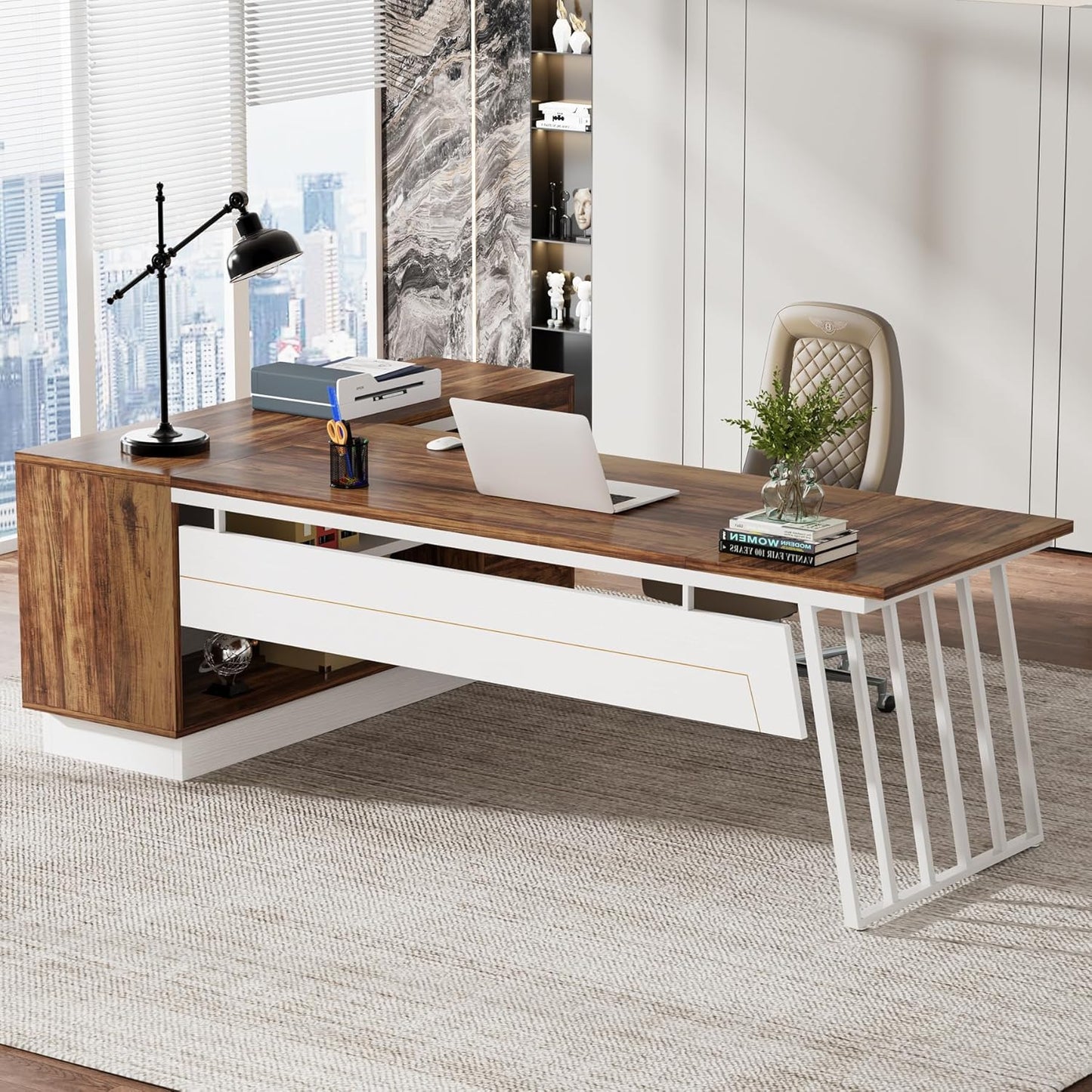 71-Inch Executive Desk, L-Shaped Desk with Cabinet, Large Office Desk with Drawers and Storage Shelves, Writing Table Computer Desk for Home Office, Brown and White