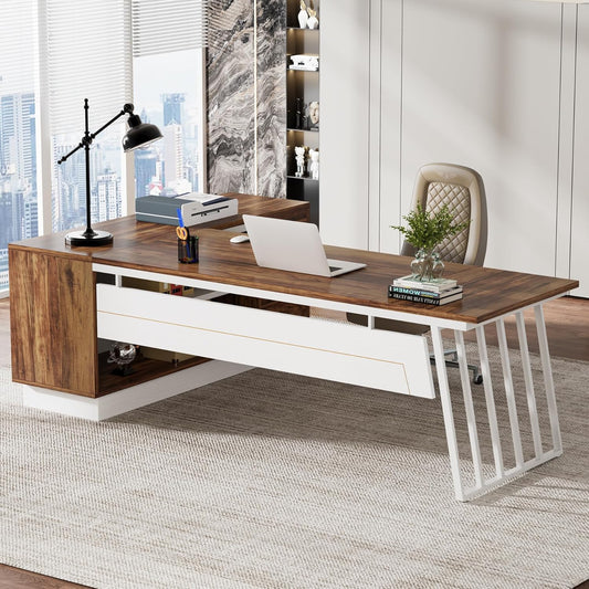 71-Inch Executive Desk, L-Shaped Desk with Cabinet, Large Office Desk with Drawers and Storage Shelves, Writing Table Computer Desk for Home Office, Brown and White