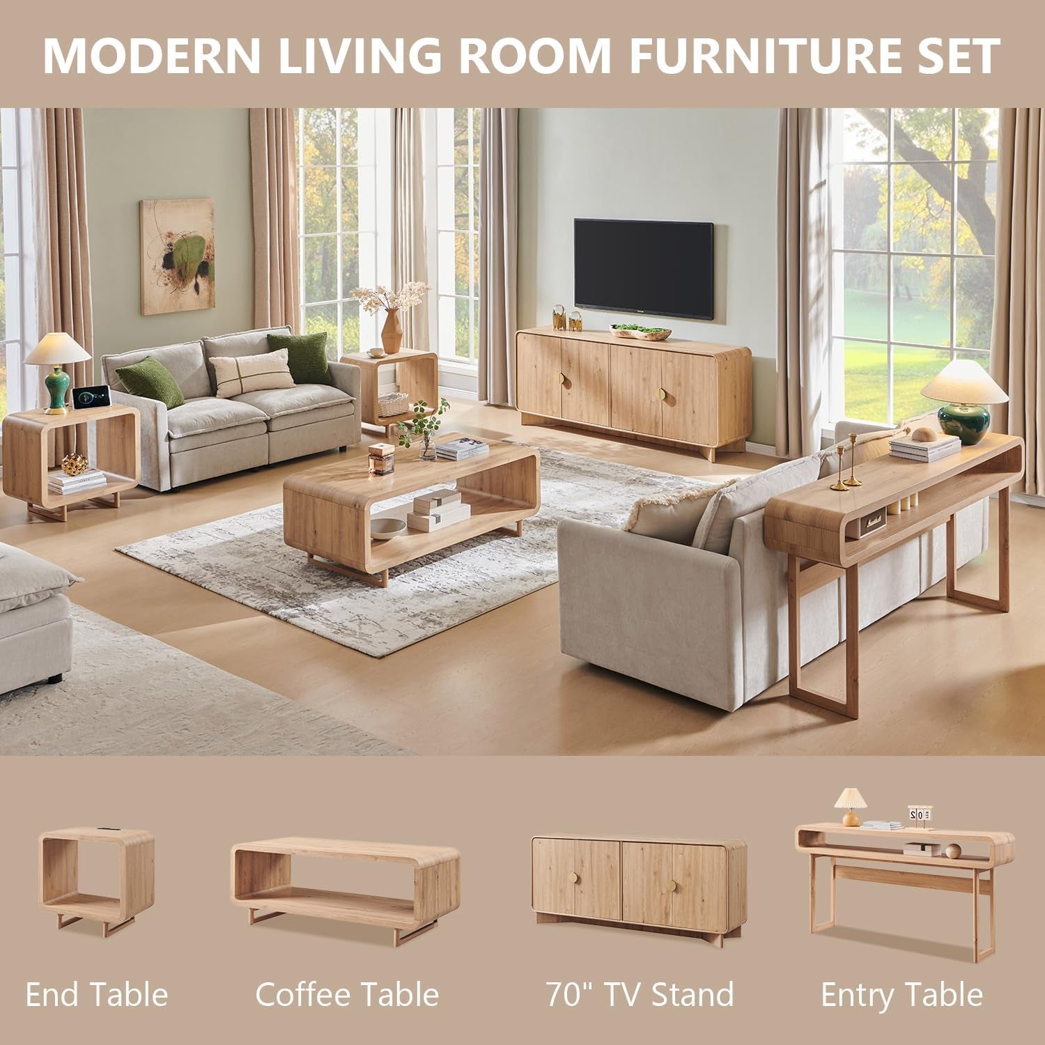 70" Modern TV Stand for Tvs up to 80 Inches, 30" Tall Entertainment Center with Storage and Adjustable Shelves, TV Console with Curved Profile Design, Media Console for Living Room, Natural Oak