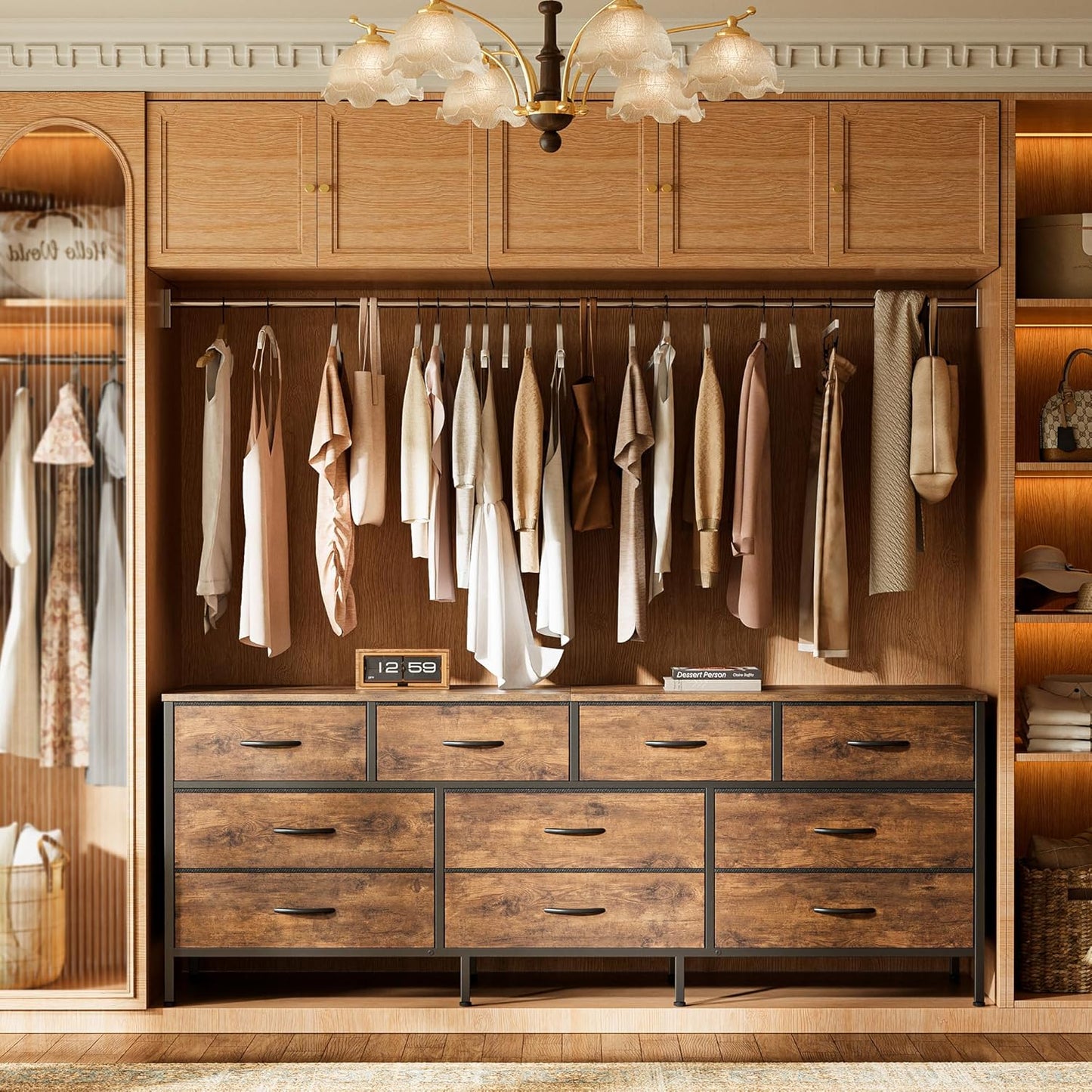 63 Inch Dresser for Bedroom, Long Dresser with 10 Fabric Drawers, TV Stand for 55, 65, 70 Inch TV, Toy Storage Organizer for Closet, Rustic Brown