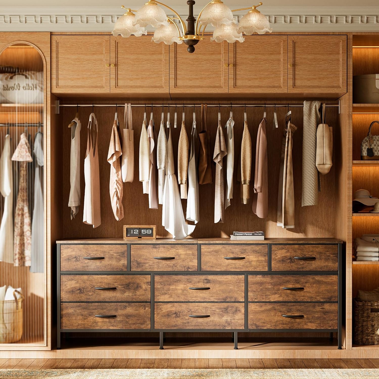 63 Inch Dresser for Bedroom, Long Dresser with 10 Fabric Drawers, TV Stand for 55, 65, 70 Inch TV, Toy Storage Organizer for Closet, Rustic Brown