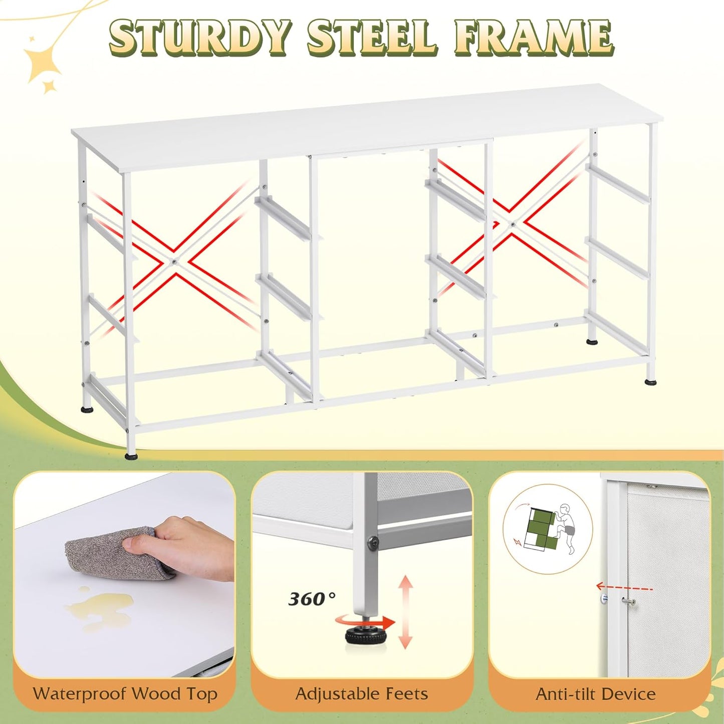 54''W Dresser for Bedroom, White Dresser TV Stand for 55, 60, 65 Inch TV, Wide Chest of Drawers with 9 Drawer, Large Entertainment Center, Fabric Dressers with Wood Top for Closet, Living Room
