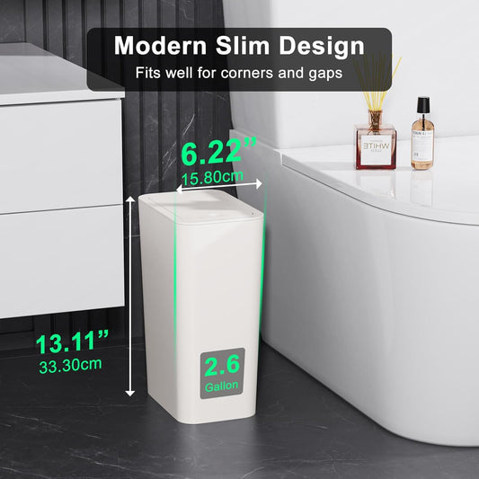 3 Pack 10L / 2.6 Gallon Small Trash Can with Lid, Bathroom Garbage Can with Pop-Up Lid, Waste Basket for Bathroom, Kitchen, Bedroom, Powder Room, Craft Room, Office, College (Off White)