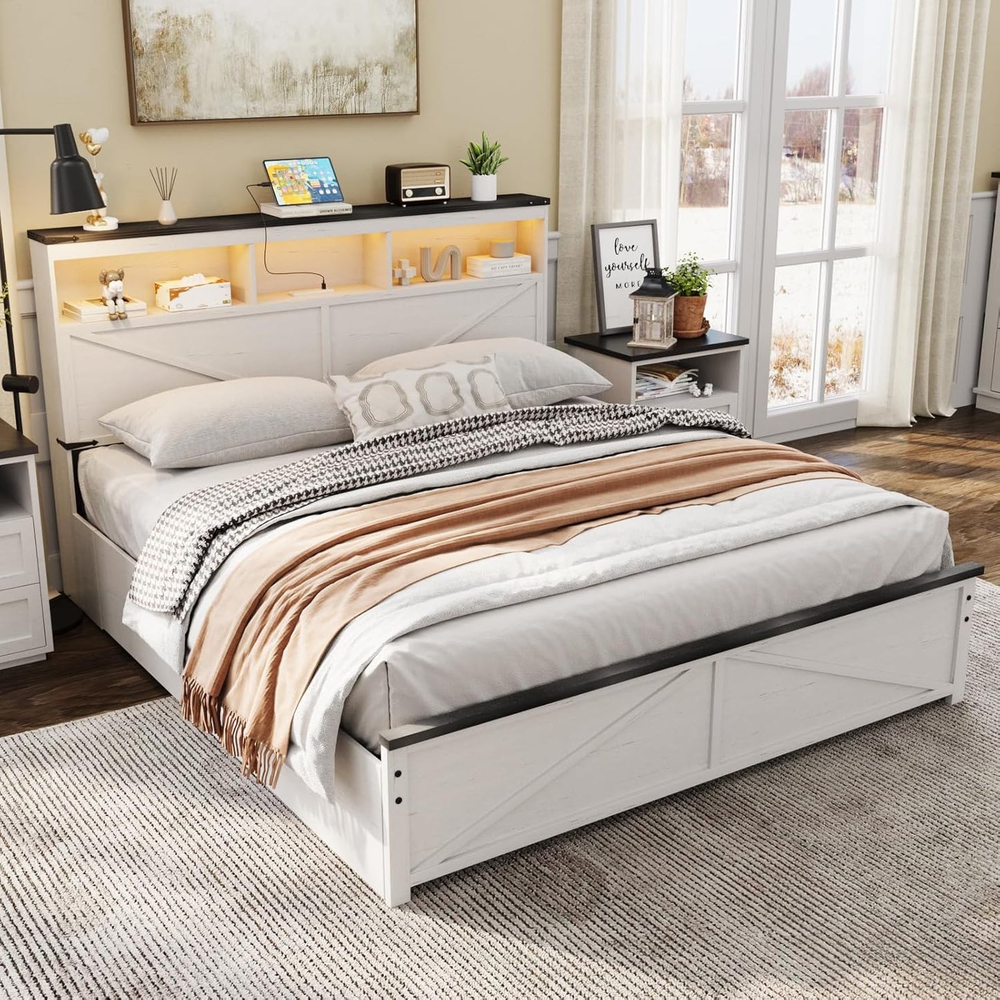 Farmhouse Queen Size Bed Frame with 48" Tall Storage Headboard, Wood Bedroom Platform Bed Frame No Box Spring Needed, 4 Storage Drawers Underneath, Adjustable LED Lights, Charging Station