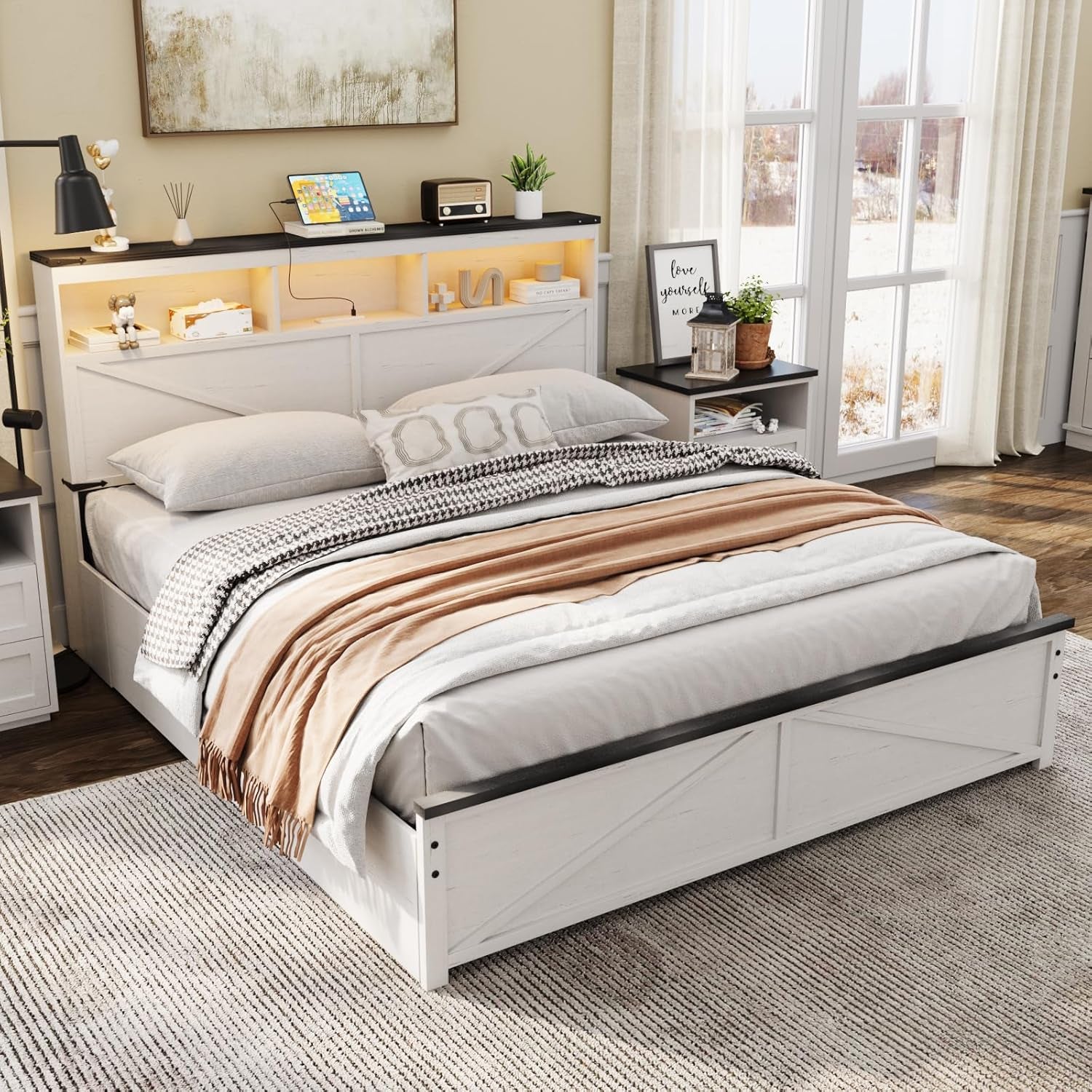 Farmhouse Queen Size Bed Frame with 48" Tall Storage Headboard, Wood Bedroom Platform Bed Frame No Box Spring Needed, 4 Storage Drawers Underneath, Adjustable LED Lights, Charging Station