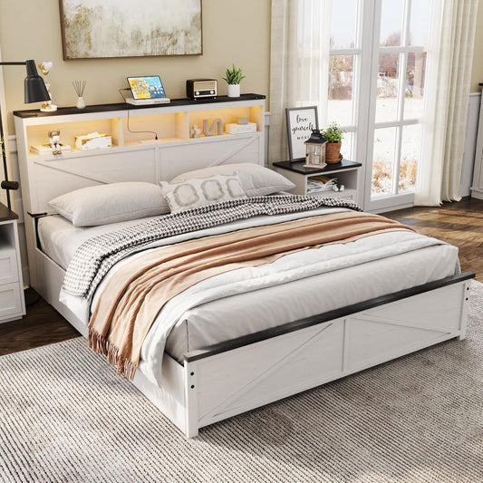 Farmhouse Queen Size Bed Frame with 48" Tall Storage Headboard, Wood Bedroom Platform Bed Frame No Box Spring Needed, 4 Storage Drawers Underneath, Adjustable LED Lights, Charging Station