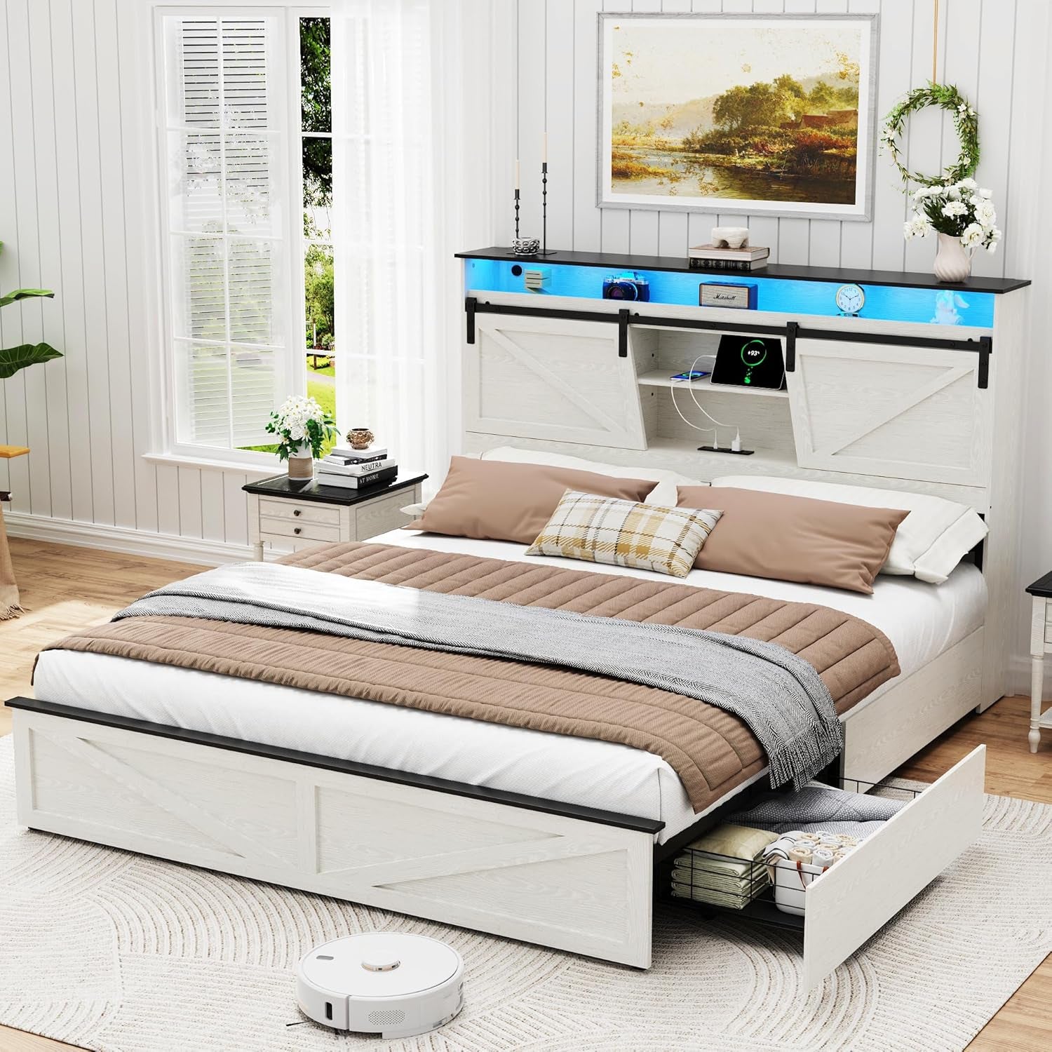 Queen Bed Frame with Barn Door Storage Headboard and 2 Drawers, USB Ports and LED Lights,Wood Platform Bed and All-Steel Support,No Noise,No Box Spring Needed,Antique White