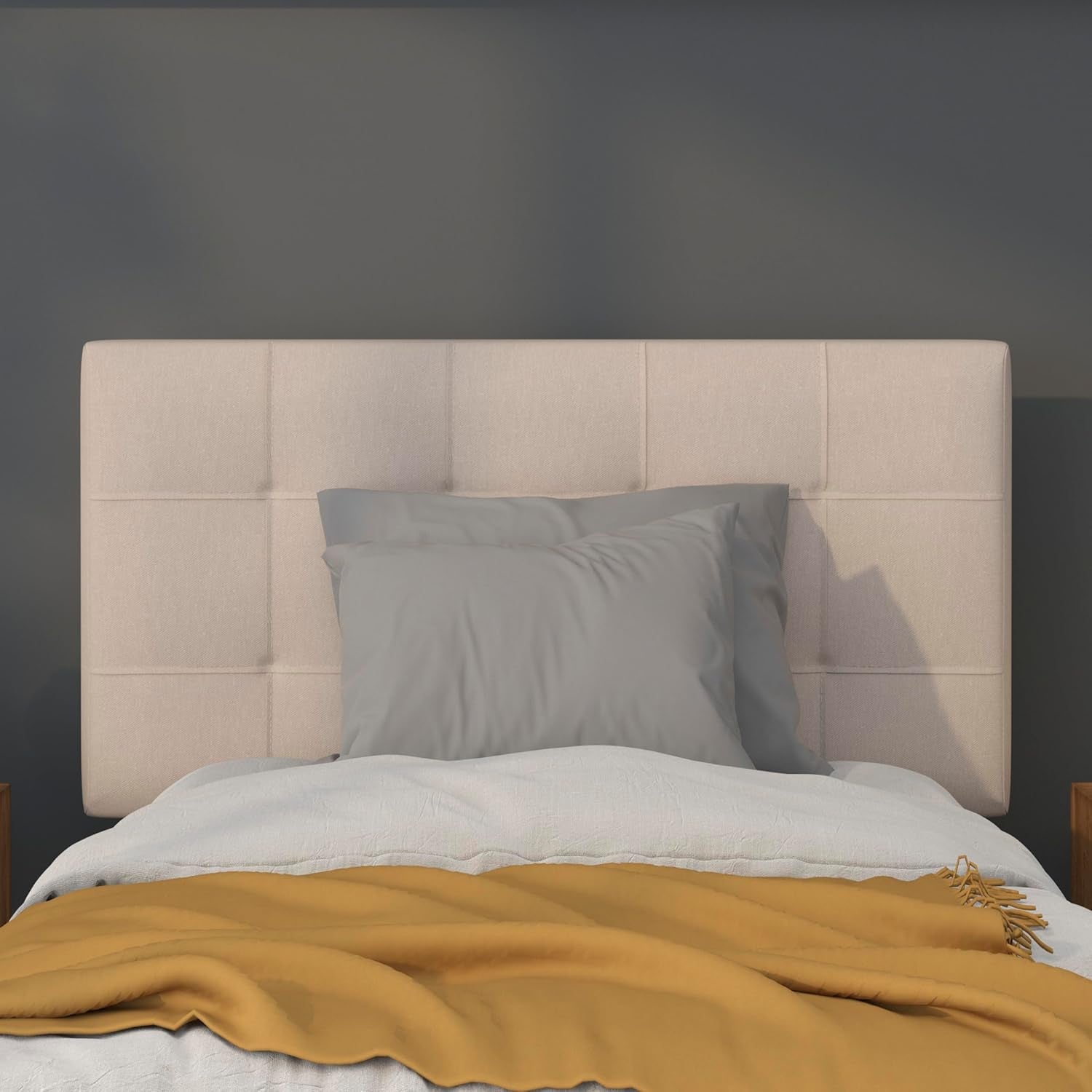 Bedford Box Stitch Tufted Upholstered Twin Size Headboard in Beige Fabric