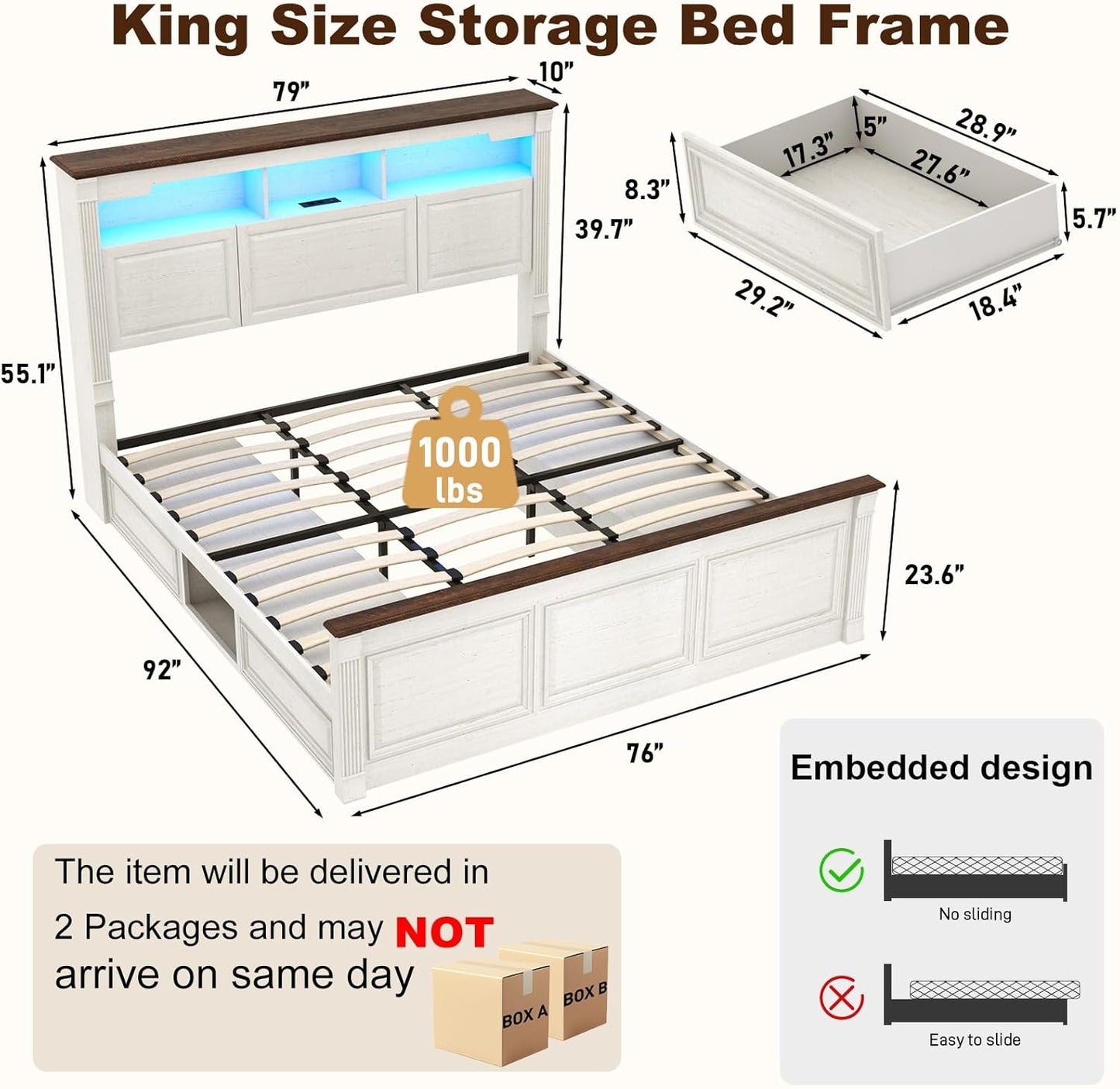 Farmhouse King Size Bed Frame with 55" Tall Storage Headboard & 4 Drawers, Wood Roman Column Platform Bed Frame with 24" Tall Footboard, LED Light, Charging Station, No Spring Needed, Antique White