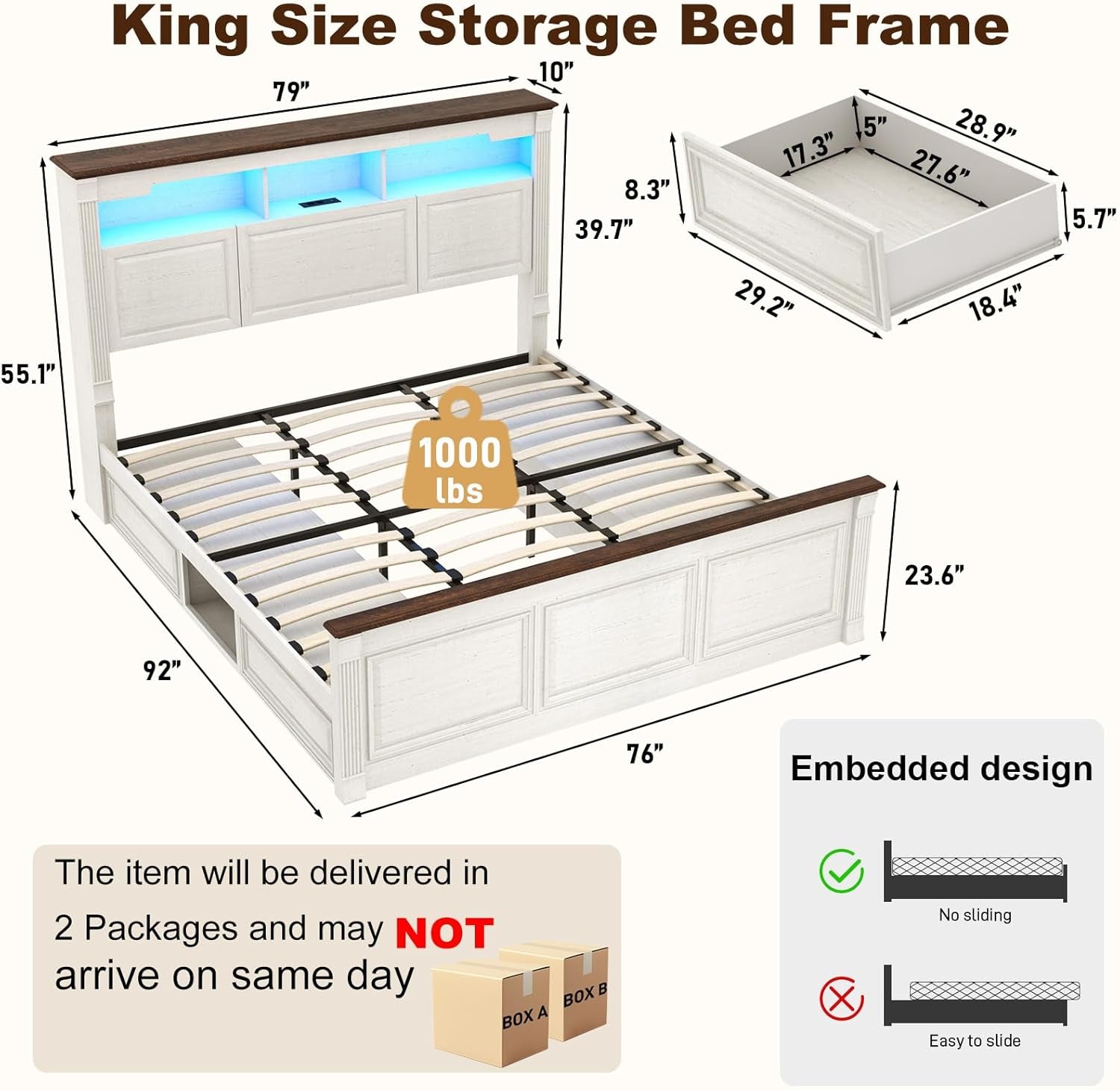 Farmhouse King Size Bed Frame with 55" Tall Storage Headboard & 4 Drawers, Wood Roman Column Platform Bed Frame with 24" Tall Footboard, LED Light, Charging Station, No Spring Needed, Antique White