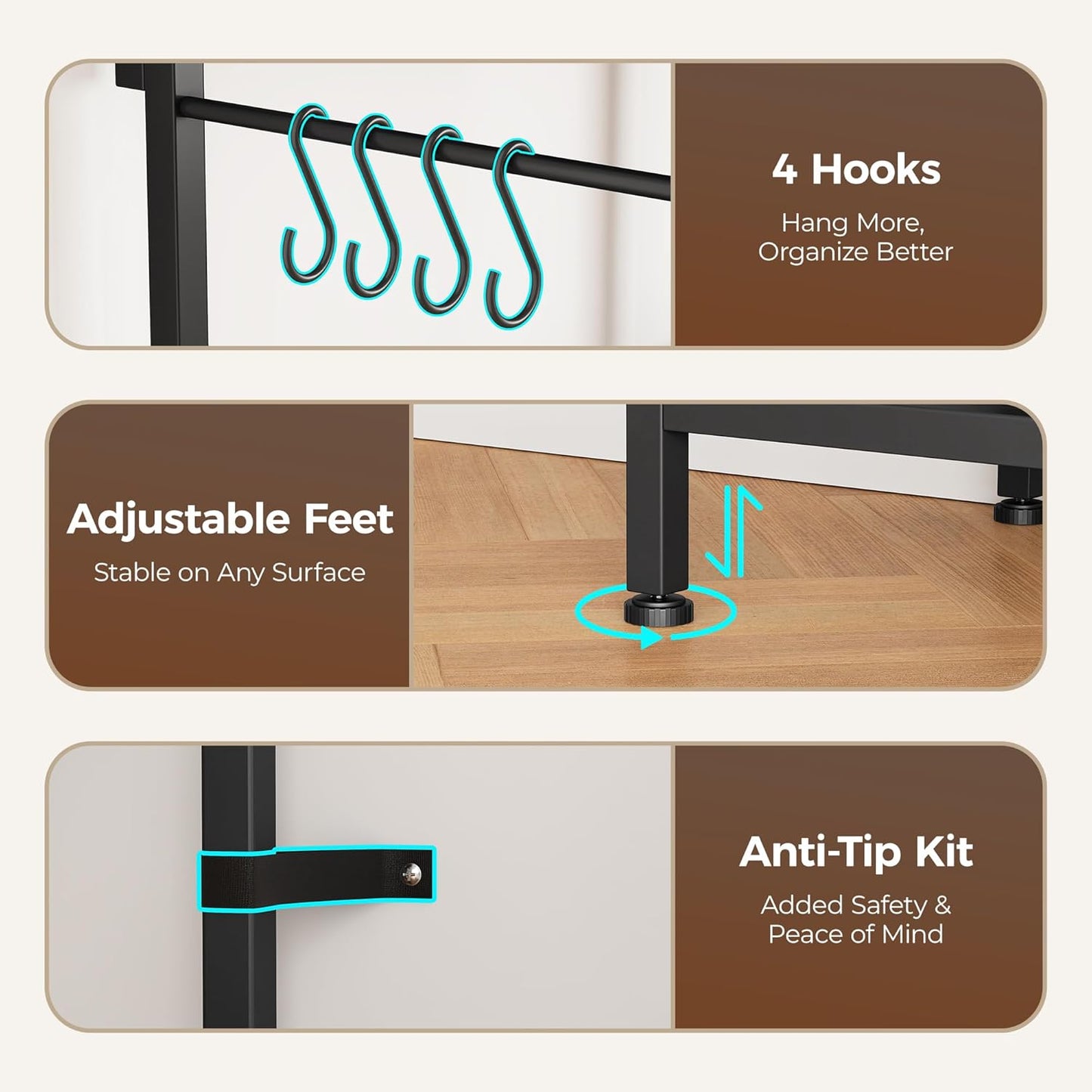 31.5 Inch Bakers Rack with Power Outlets, Kitchen Microwave Stand with Storage, Coffee Bar with 4 Hooks, 3-Level Height Open Shelves, Rustic Brown