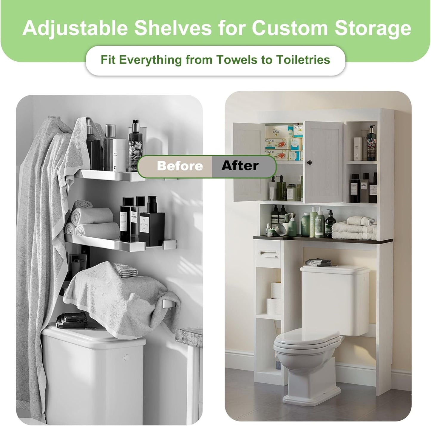 Over the Toilet Storage Cabinet with 7 Shelves, Imitation Walnut Grain above Toilet Bathroom Organizer with Toilet Paper Holder Stand, Space Saver for Restroom, Bathroom, Laundry (White)